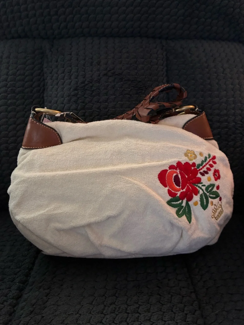Juicy Couture Cream Embroidered Floral Shoulder Bag with Brown Braided Strap